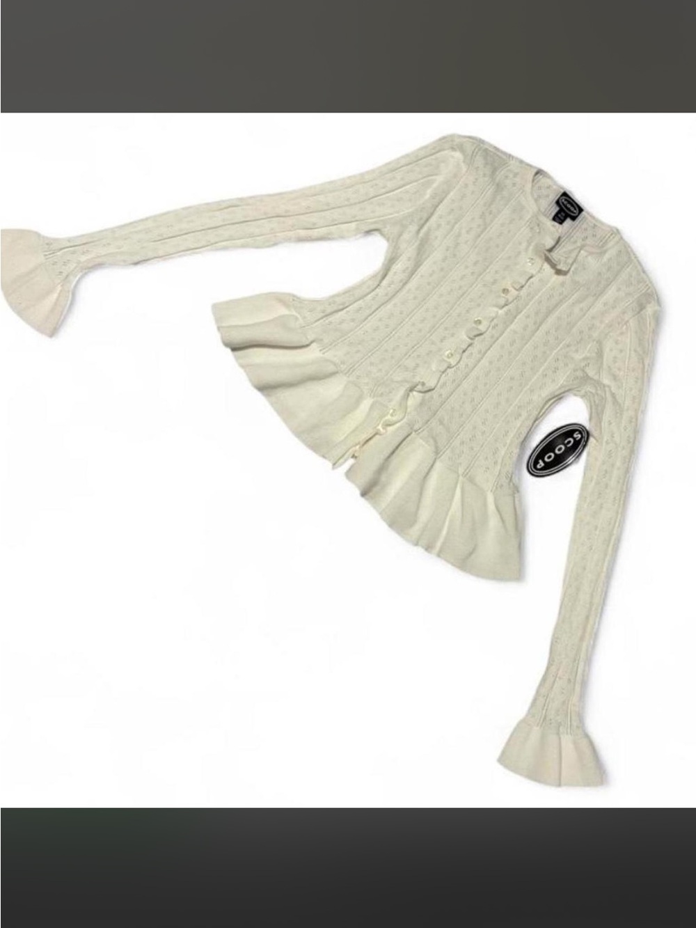Ivory Ruffle-Hem Cable Knit Cardigan Sweater